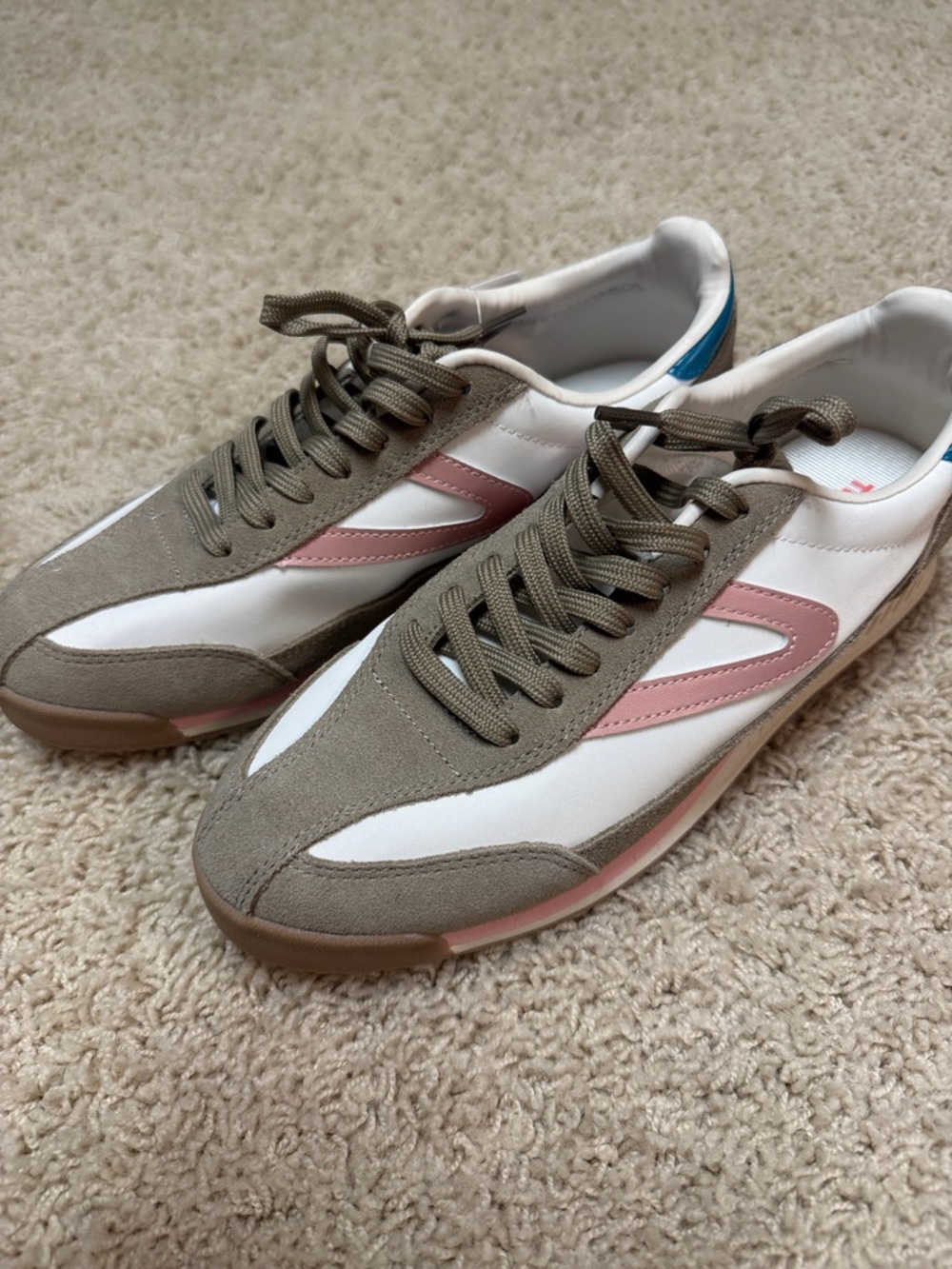 White & Taupe Retro Runner Sneakers with Pink Accents